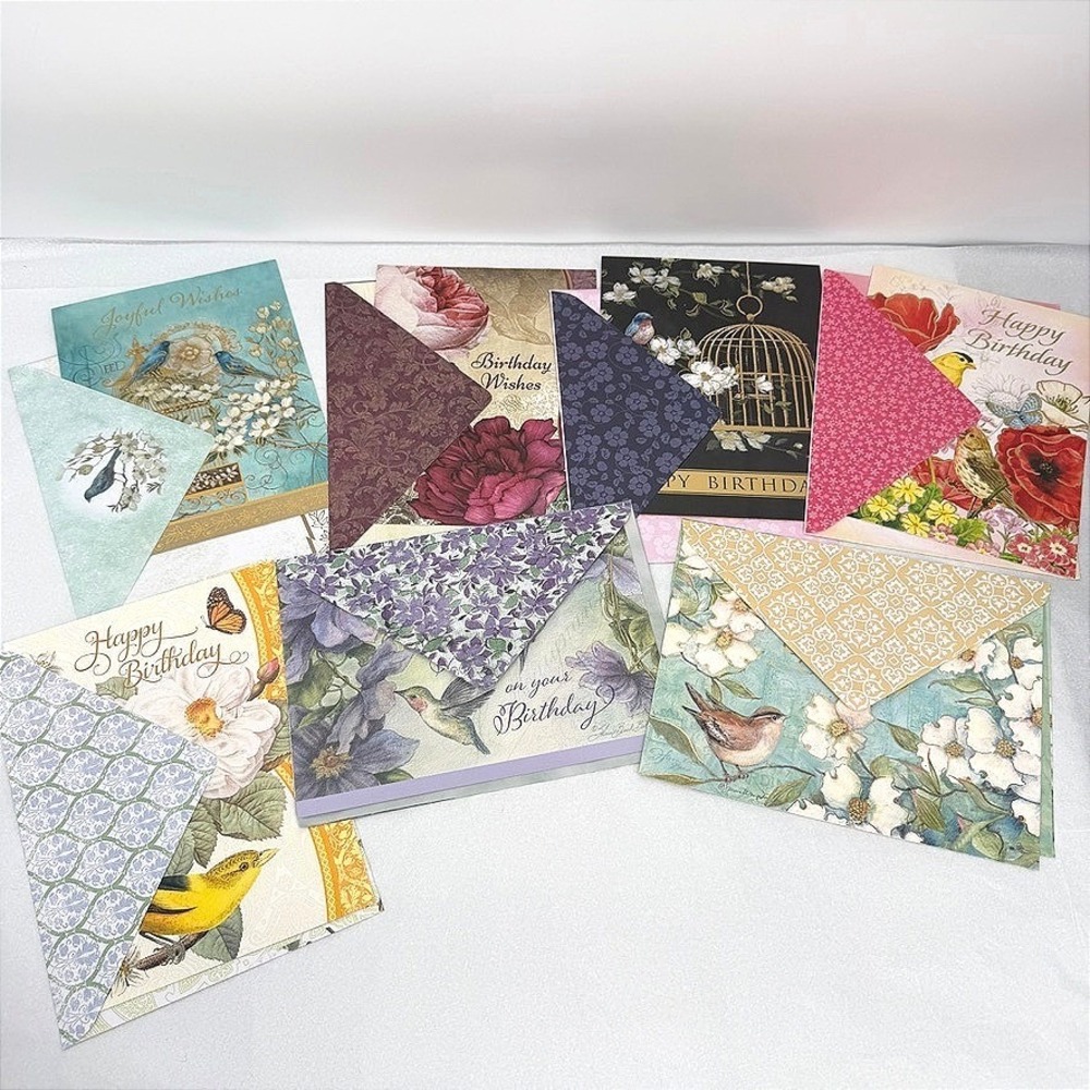 Birthday Greeting Cards Bird LOT Floral Gold Foil Stationery Matching Envelopes